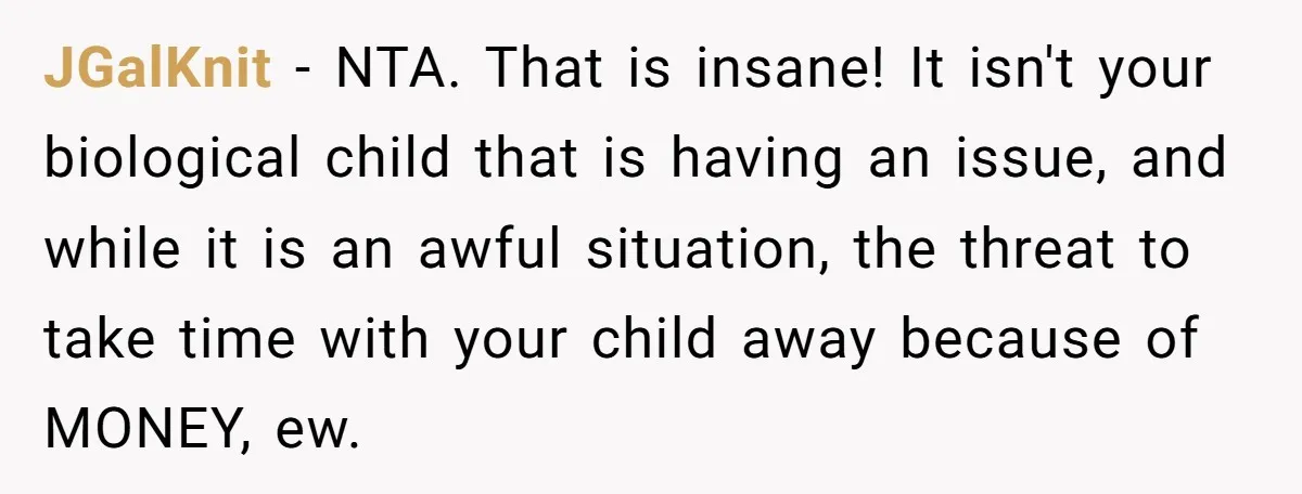 JGalKnit − NTA. That is insane! It isn't your biological child that is having an issue, and while it is an awful situation, the threat to take time with your...