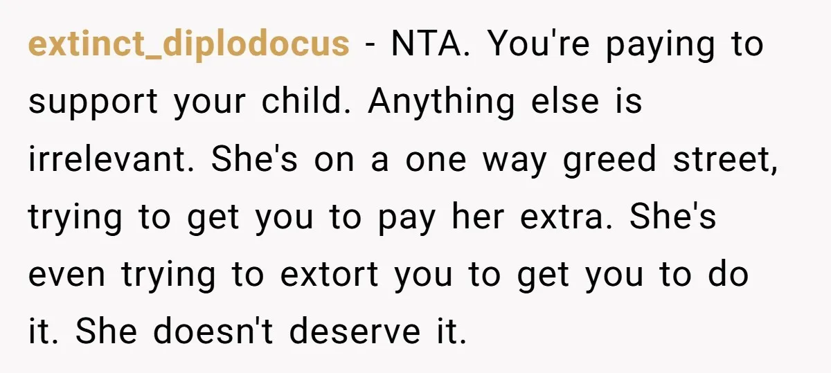extinct_diplodocus − NTA. You're paying to support your child. Anything else is irrelevant. She's on a one way greed street, trying to get you to pay her extra. She's even...