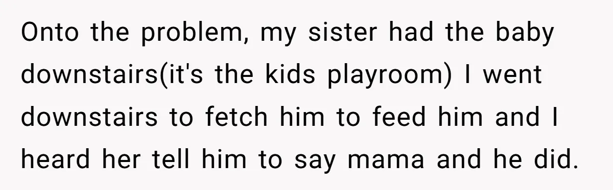 Onto the problem, my sister had the baby downstairs(it's the kids playroom) I went downstairs to fetch him to feed him and I heard her tell him to say mama...