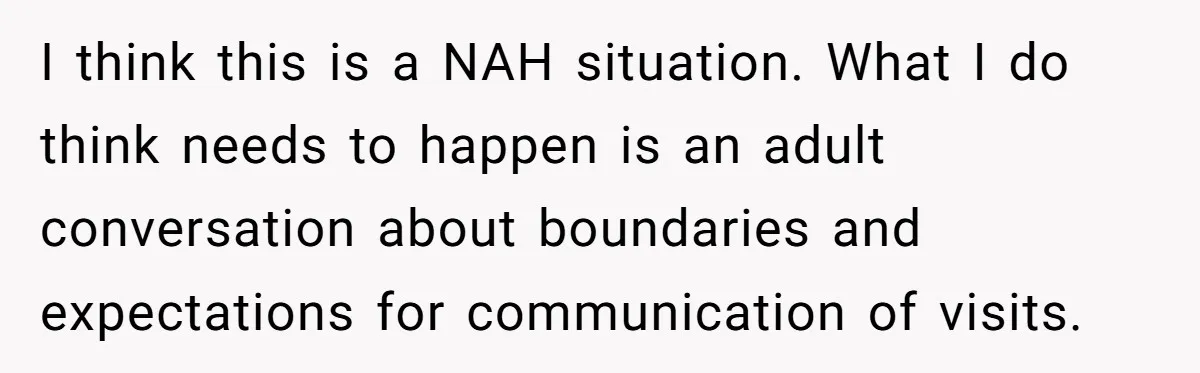 I think this is a NAH situation. What I do think needs to happen is an adult conversation about boundaries and expectations for communication of visits.