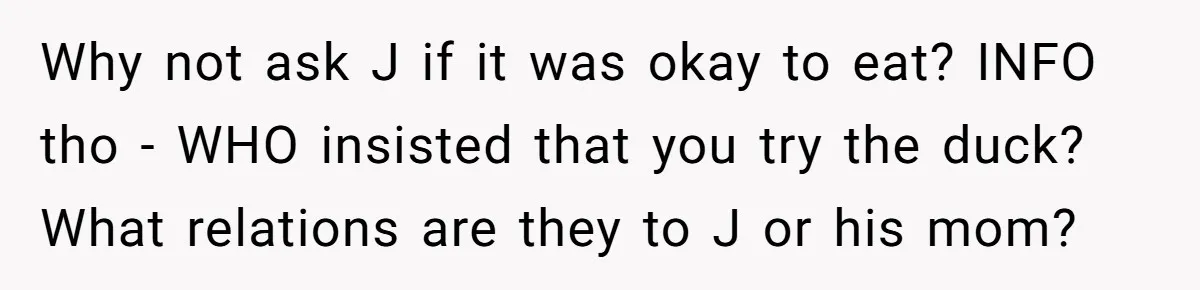 Why not ask J if it was okay to eat? INFO tho - WHO insisted that you try the duck? What relations are they to J or his mom?