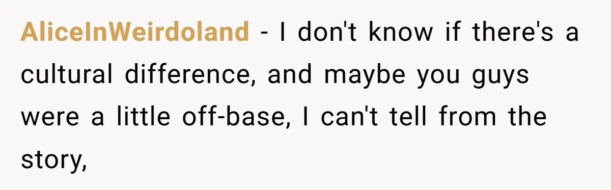 AliceInWeirdoland − I don't know if there's a cultural difference, and maybe you guys were a little off-base, I can't tell from the story,