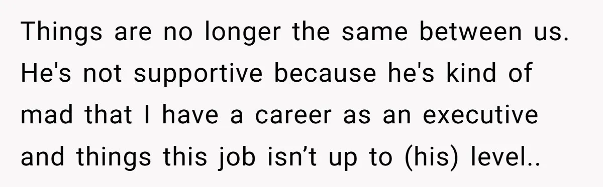 Things are no longer the same between us. He's not supportive because he's kind of mad that I have a career as an executive and things this job isn’t up...