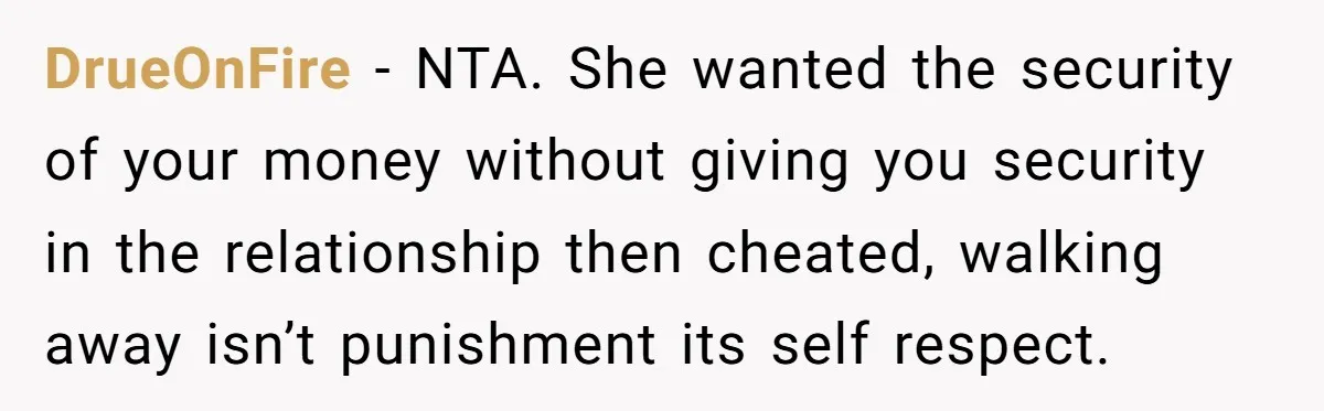 DrueOnFire − NTA. She wanted the security of your money without giving you security in the relationship then cheated, walking away isn’t punishment its self respect.