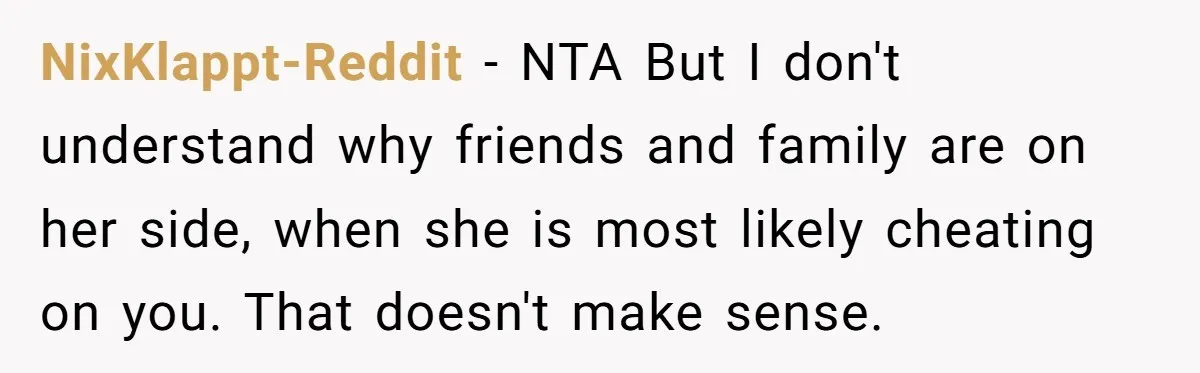 NixKlappt-Reddit − NTA But I don't understand why friends and family are on her side, when she is most likely cheating on you. That doesn't make sense.
