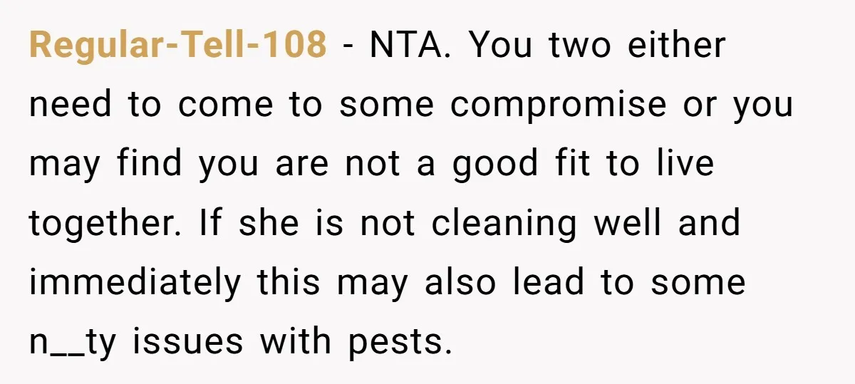 Regular-Tell-108 − NTA. You two either need to come to some compromise or you may find you are not a good fit to live together. If she is not cleaning...