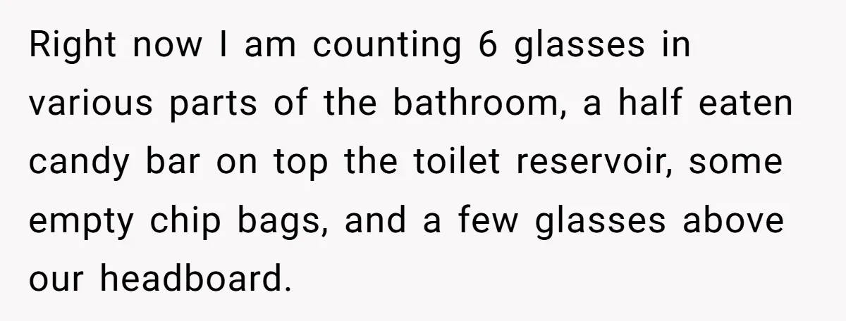 Right now I am counting 6 glasses in various parts of the bathroom, a half eaten candy bar on top the toilet reservoir, some empty chip bags, and a few...