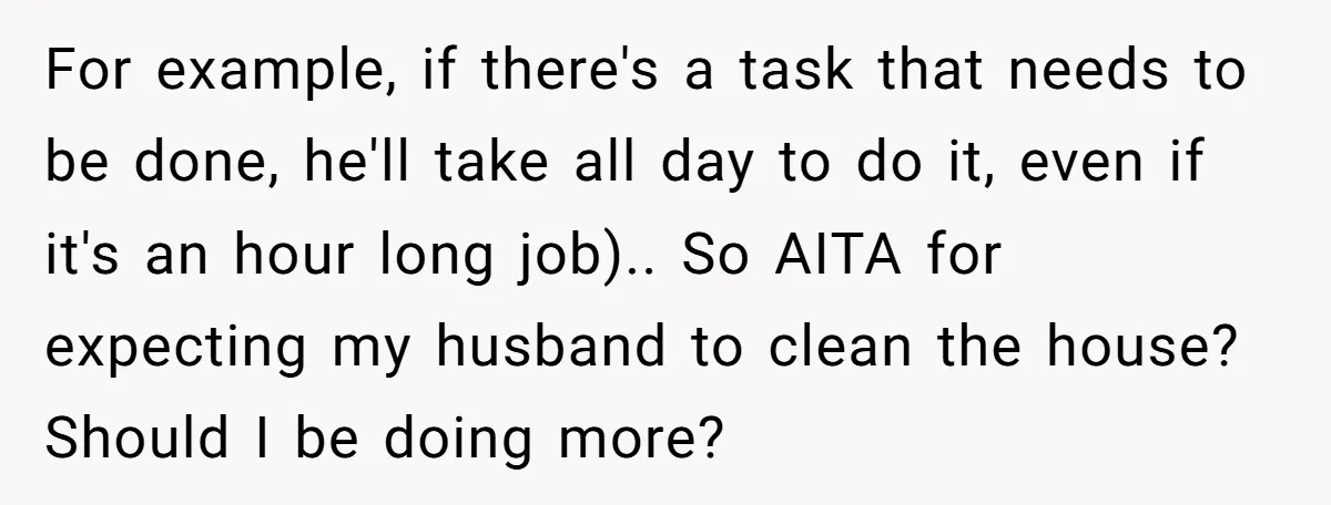 For example, if there's a task that needs to be done, he'll take all day to do it, even if it's an hour long job).. So AITA for expecting my...