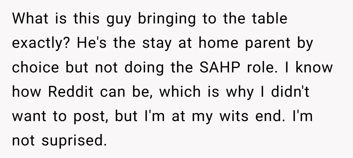 What is this guy bringing to the table exactly? He's the stay at home parent by choice but not doing the SAHP role. I know how Reddit can be, which...