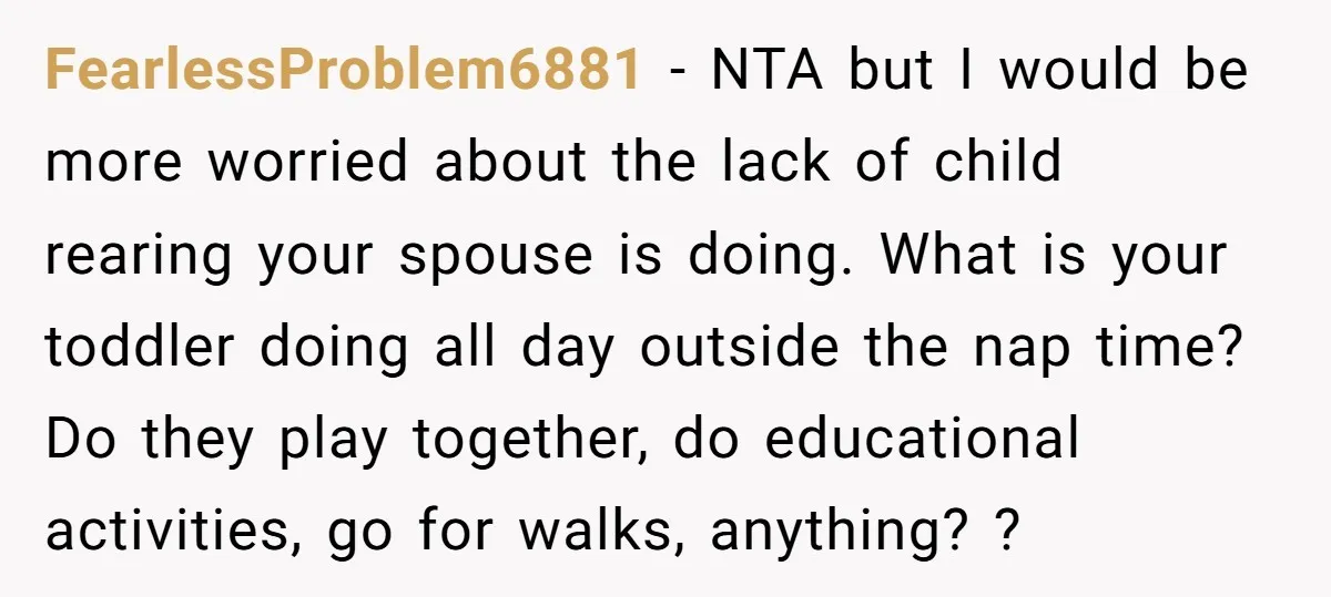 FearlessProblem6881 − NTA but I would be more worried about the lack of child rearing your spouse is doing. What is your toddler doing all day outside the nap time?...
