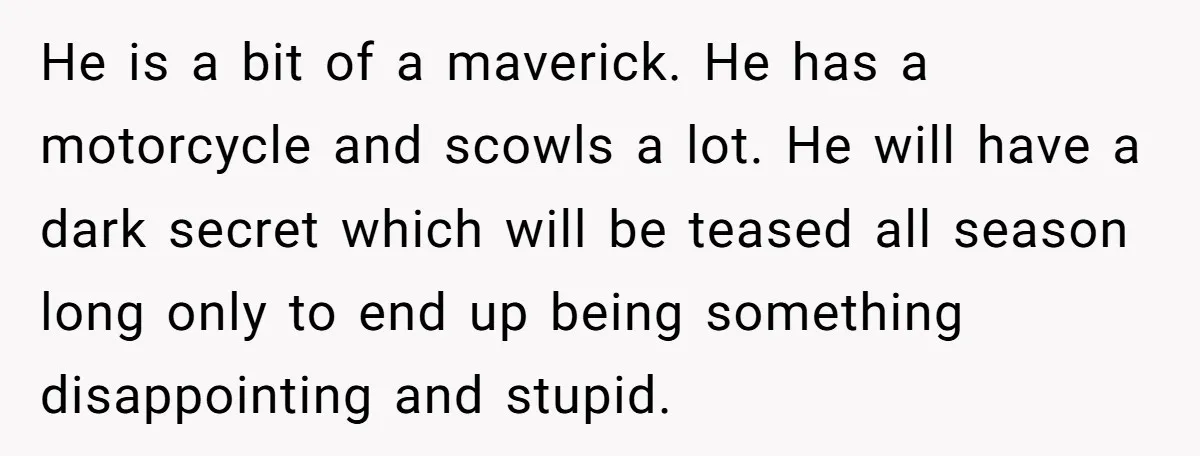 He is a bit of a maverick. He has a motorcycle and scowls a lot. He will have a dark secret which will be teased all season long only to...