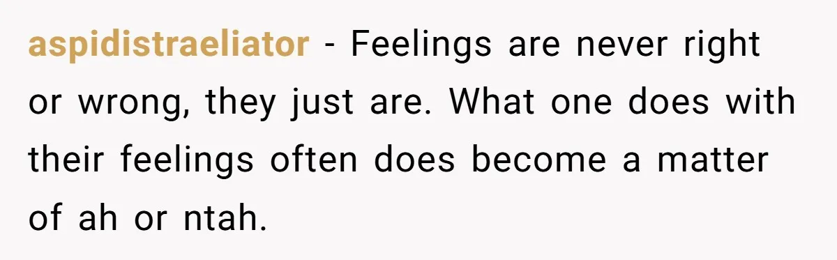 aspidistraeliator − Feelings are never right or wrong, they just are. What one does with their feelings often does become a matter of ah or ntah.