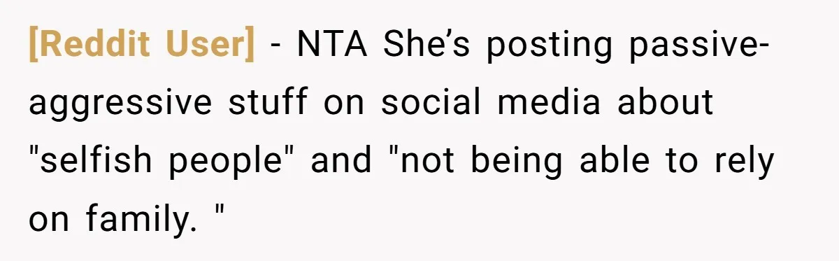 [Reddit User] - NTA She’s posting passive-aggressive stuff on social media about "selfish people" and "not being able to rely on family. "