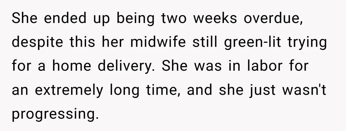 She ended up being two weeks overdue, despite this her midwife still green-lit trying for a home delivery. She was in labor for an extremely long time, and she just...