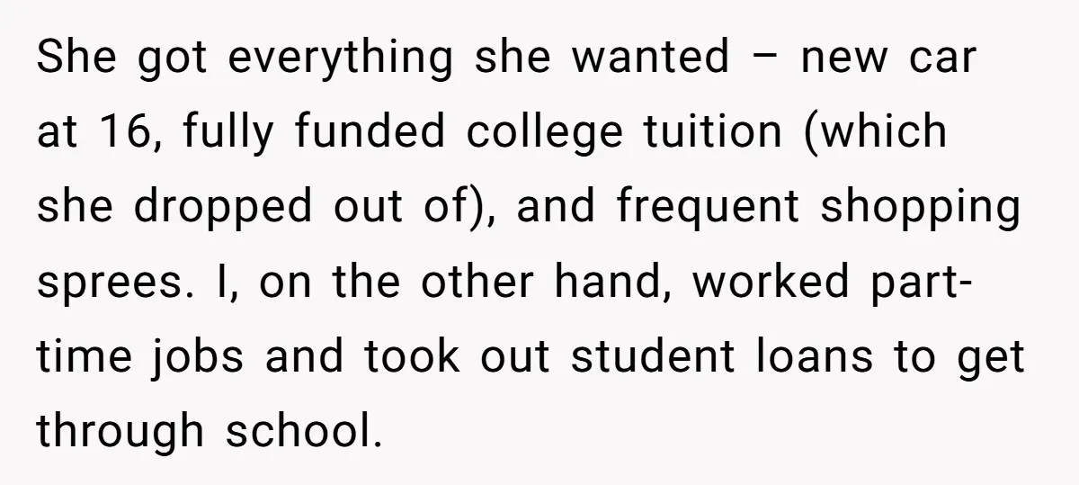 She got everything she wanted – new car at 16, fully funded college tuition (which she dropped out of), and frequent shopping sprees. I, on the other hand, worked part-time...