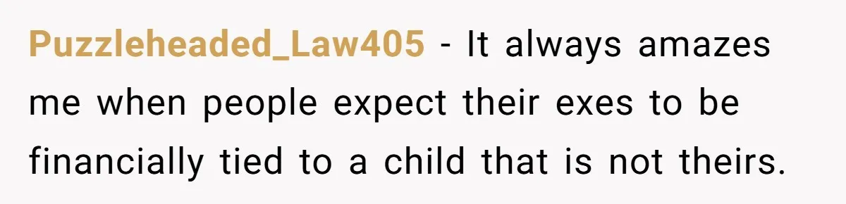 Puzzleheaded_Law405 − It always amazes me when people expect their exes to be financially tied to a child that is not theirs.