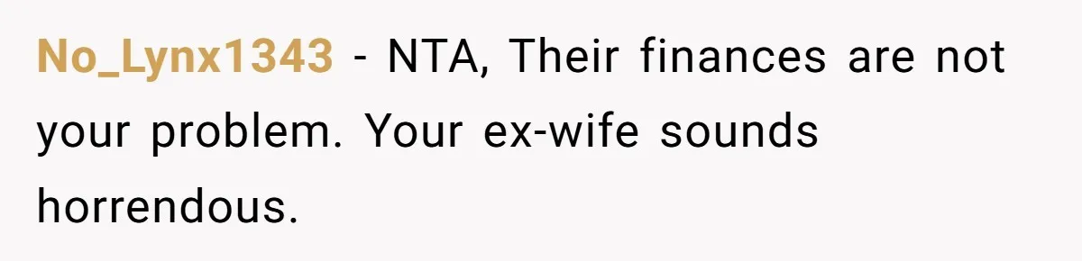 No_Lynx1343 − NTA, Their finances are not your problem. Your ex-wife sounds horrendous.