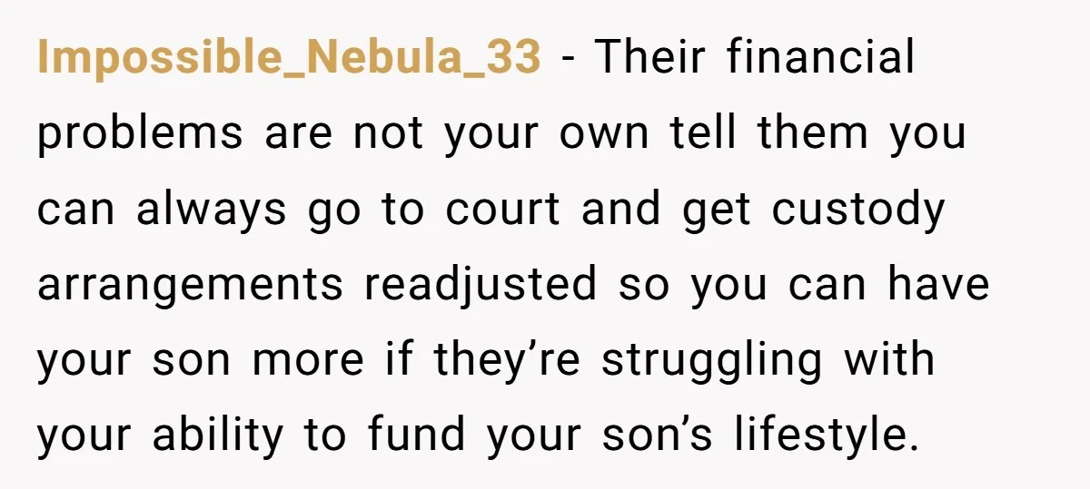 Impossible_Nebula_33 − Their financial problems are not your own tell them you can always go to court and get custody arrangements readjusted so you can have your son more if...