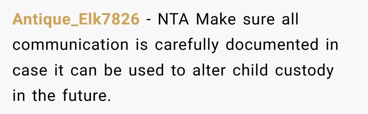 Antique_Elk7826 − NTA Make sure all communication is carefully documented in case it can be used to alter child custody in the future.