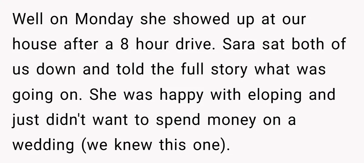 Well on Monday she showed up at our house after a 8 hour drive. Sara sat both of us down and told the full story what was going on. She...