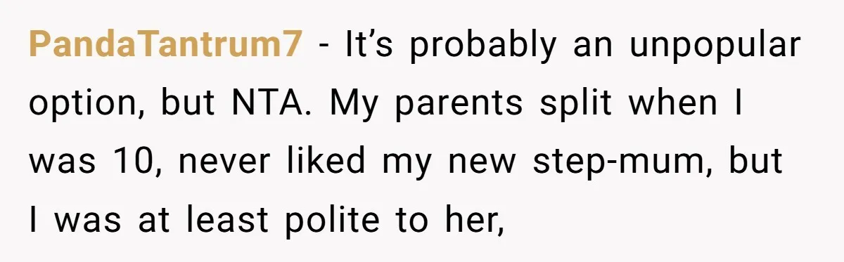 PandaTantrum7 − It’s probably an unpopular option, but NTA. My parents split when I was 10, never liked my new step-mum, but I was at least polite to her,