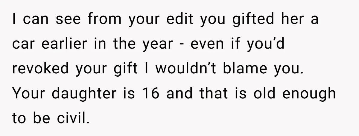 I can see from your edit you gifted her a car earlier in the year - even if you’d revoked your gift I wouldn’t blame you. Your daughter is 16...
