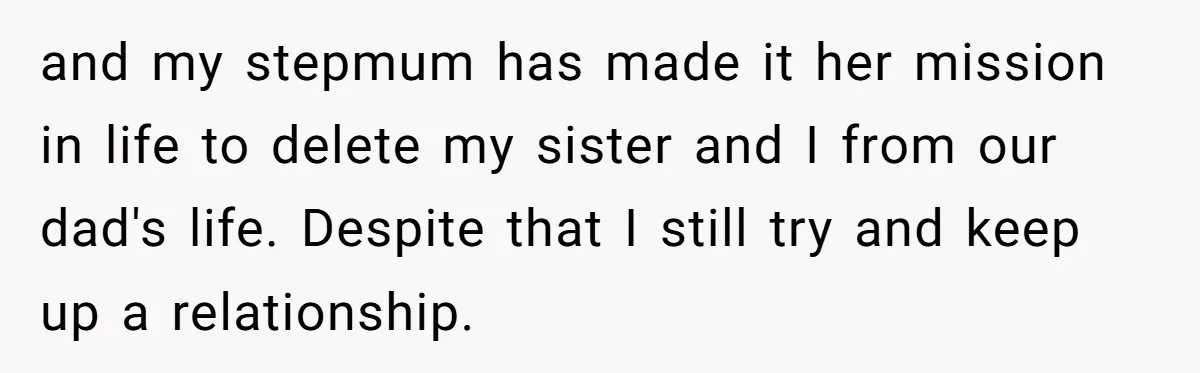 and my stepmum has made it her mission in life to delete my sister and I from our dad's life. Despite that I still try and keep up a relationship.