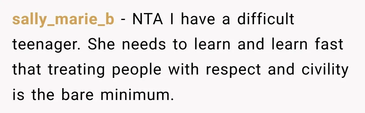 sally_marie_b − NTA I have a difficult teenager. She needs to learn and learn fast that treating people with respect and civility is the bare minimum.