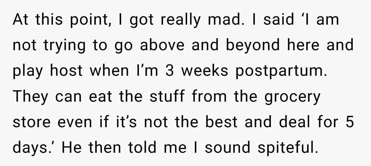 At this point, I got really mad. I said ‘I am not trying to go above and beyond here and play host when I’m 3 weeks postpartum. They can eat...