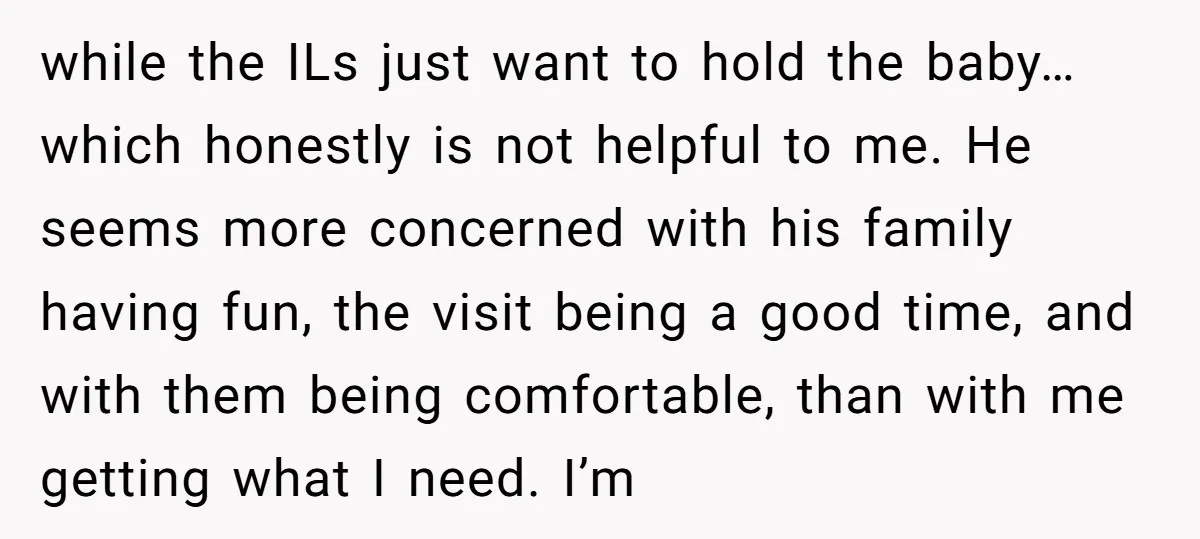 while the ILs just want to hold the baby… which honestly is not helpful to me. He seems more concerned with his family having fun, the visit being a good...