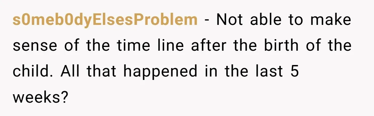 s0meb0dyElsesProblem − Not able to make sense of the time line after the birth of the child. All that happened in the last 5 weeks?