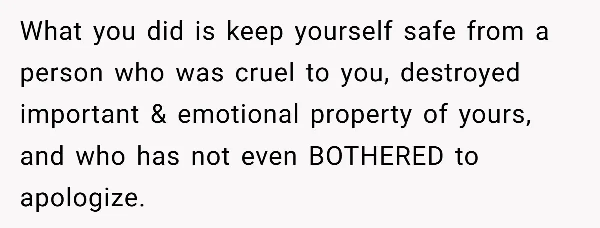 What you did is keep yourself safe from a person who was cruel to you, destroyed important & emotional property of yours, and who has not even BOTHERED to apologize.