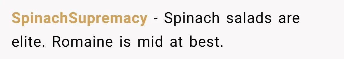 SpinachSupremacy - Spinach salads are elite. Romaine is mid at best.