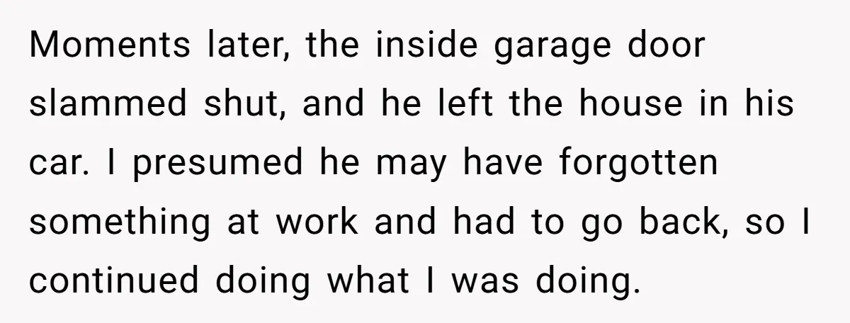 Moments later, the inside garage door slammed shut, and he left the house in his car. I presumed he may have forgotten something at work and had to go back,...
