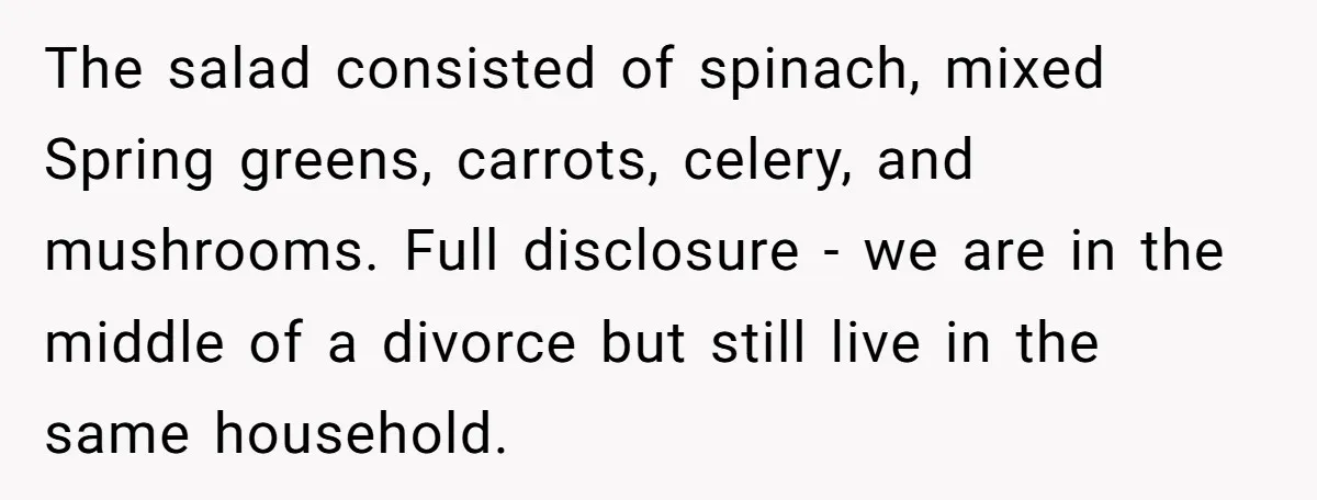 The salad consisted of spinach, mixed Spring greens, carrots, celery, and mushrooms. Full disclosure - we are in the middle of a divorce but still live in the same household.