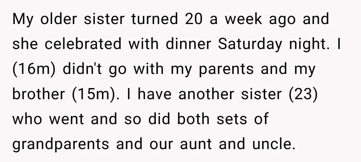 My older sister turned 20 a week ago and she celebrated with dinner Saturday night. I (16m) didn't go with my parents and my brother (15m). I have another sister...