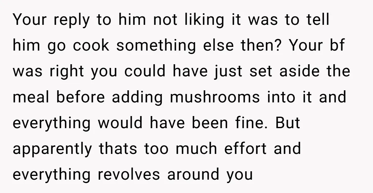 Your reply to him not liking it was to tell him go cook something else then? Your bf was right you could have just set aside the meal before adding...