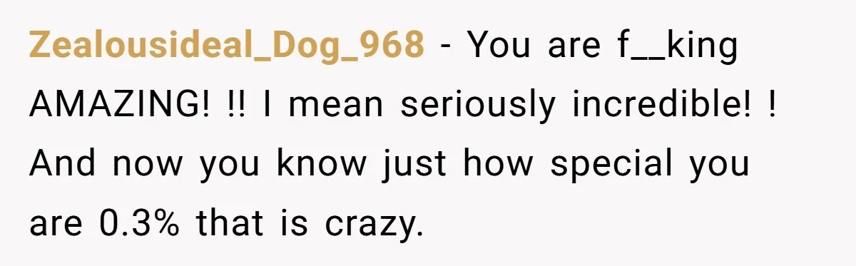 Zealousideal_Dog_968 − You are f__king AMAZING! !! I mean seriously incredible! ! And now you know just how special you are 0.3% that is crazy.