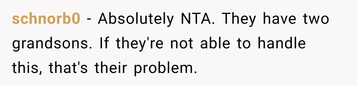 schnorb0 - Absolutely NTA. They have two grandsons. If they're not able to handle this, that's their problem.