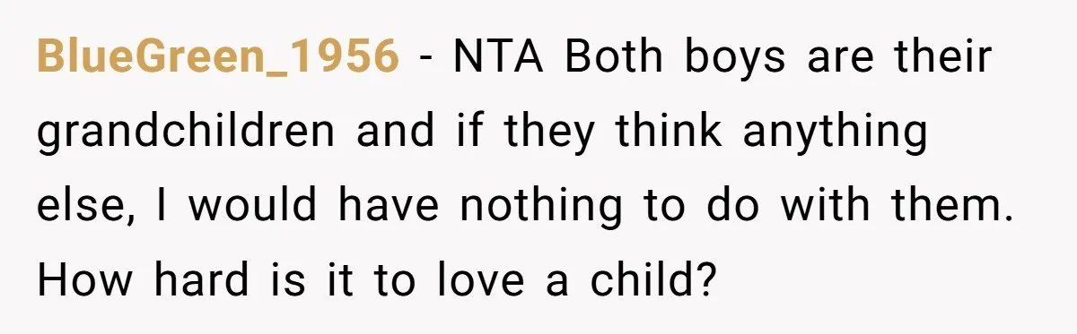 BlueGreen_1956 - NTA Both boys are their grandchildren and if they think anything else, I would have nothing to do with them. How hard is it to love a child?