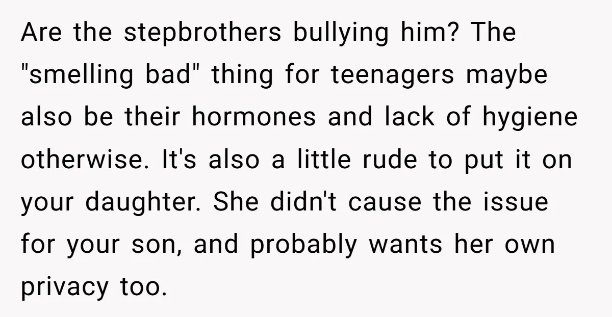 Are the stepbrothers bullying him? The "smelling bad" thing for teenagers maybe also be their hormones and lack of hygiene otherwise. It's also a little rude to put it on...