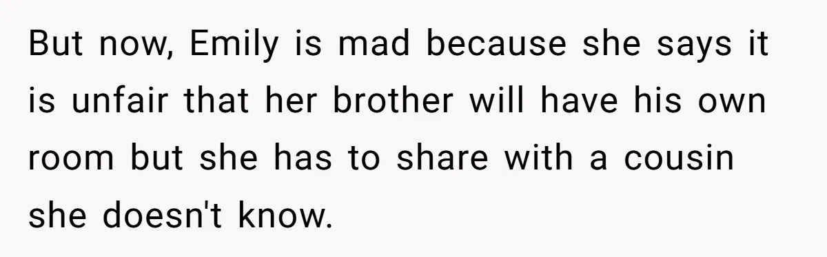 But now, Emily is mad because she says it is unfair that her brother will have his own room but she has to share with a cousin she doesn't know.