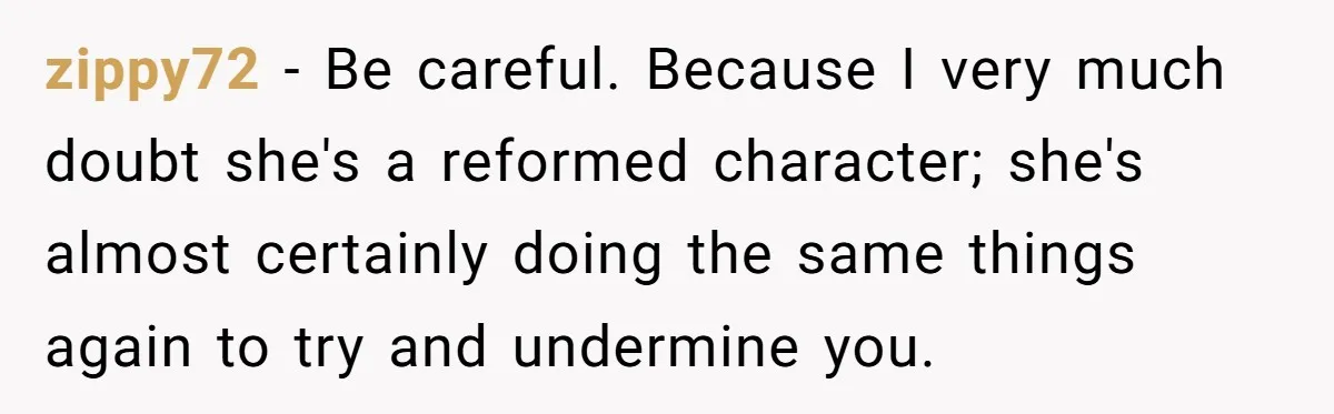 zippy72 - Be careful. Because I very much doubt she's a reformed character; she's almost certainly doing the same things again to try and undermine you.