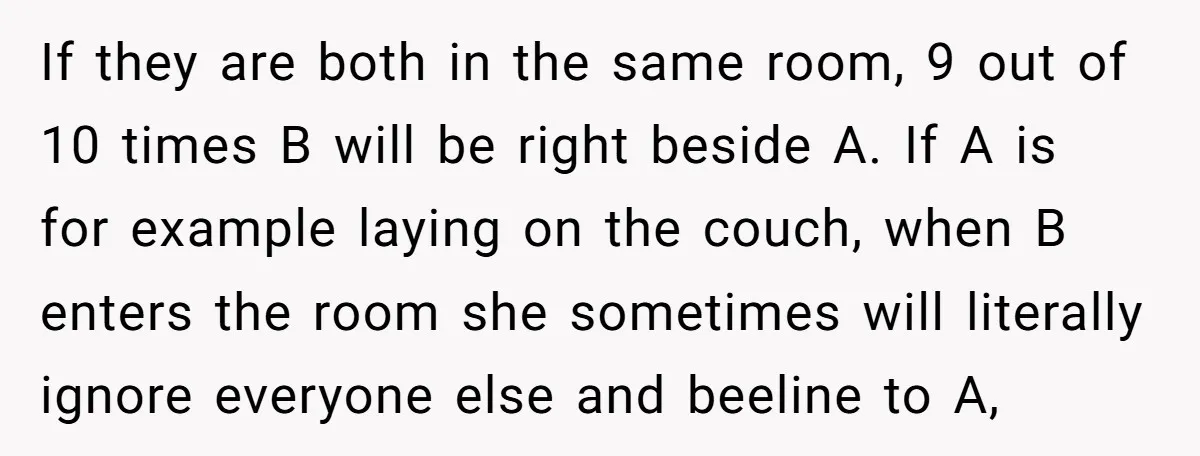 If they are both in the same room, 9 out of 10 times B will be right beside A. If A is for example laying on the couch, when B...