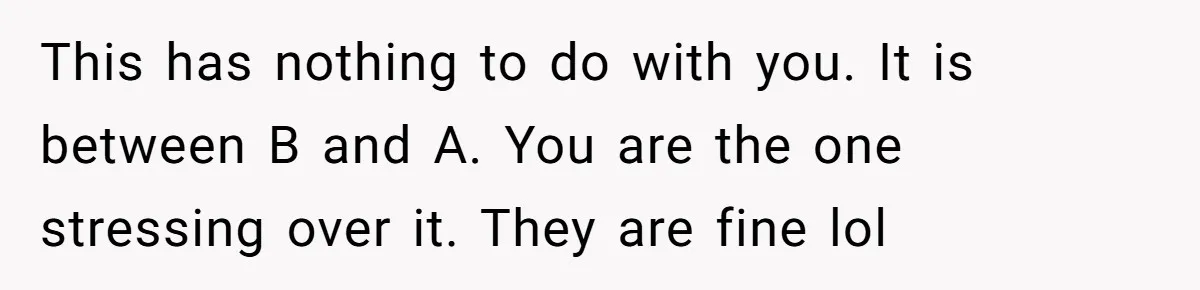 This has nothing to do with you. It is between B and A. You are the one stressing over it. They are fine lol