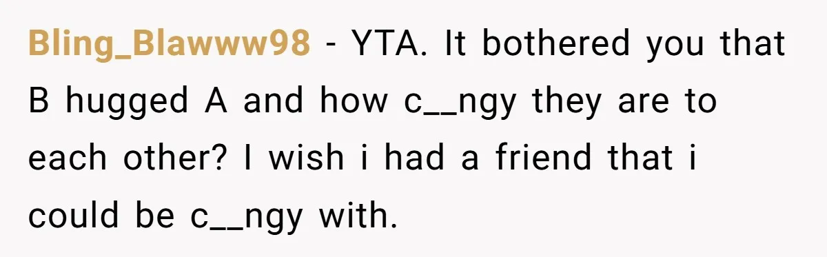 Bling_Blawww98 − YTA. It bothered you that B hugged A and how c__ngy they are to each other? I wish i had a friend that i could be c__ngy with.