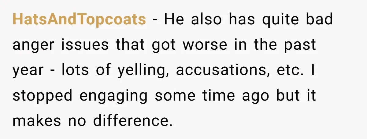 HatsAndTopcoats − He also has quite bad anger issues that got worse in the past year - lots of yelling, accusations, etc. I stopped engaging some time ago but it...