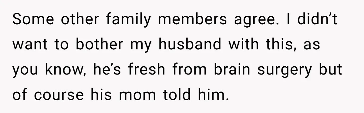 Some other family members agree. I didn’t want to bother my husband with this, as you know, he’s fresh from brain surgery but of course his mom told him.