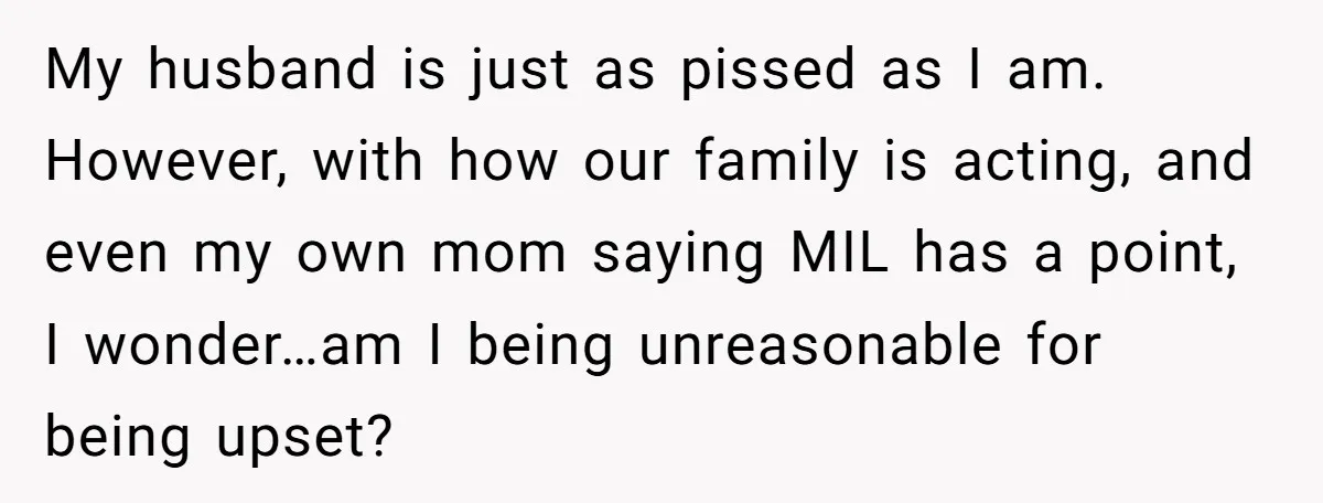 My husband is just as pissed as I am. However, with how our family is acting, and even my own mom saying MIL has a point, I wonder…am I being...