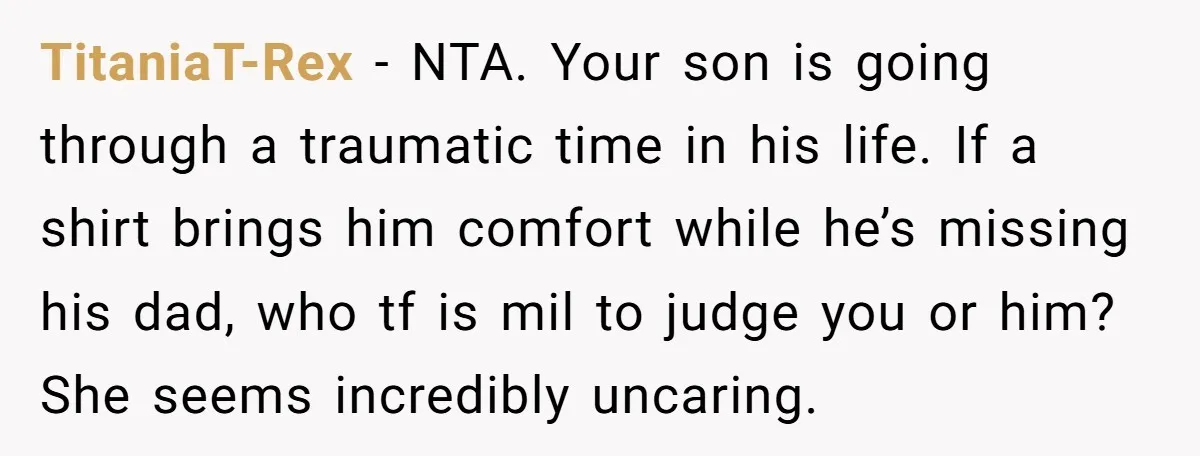 TitaniaT-Rex − NTA. Your son is going through a traumatic time in his life. If a shirt brings him comfort while he’s missing his dad, who tf is mil to...